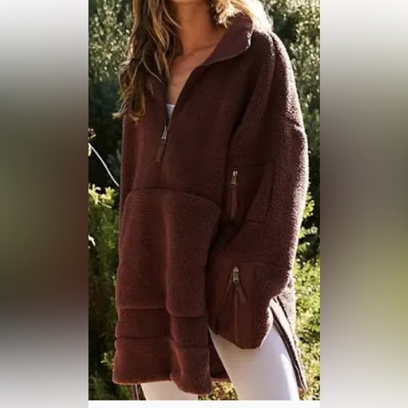 NWOT Free people Sherpa burgundy long line pull over sweatshirt - Picture 1 of 8